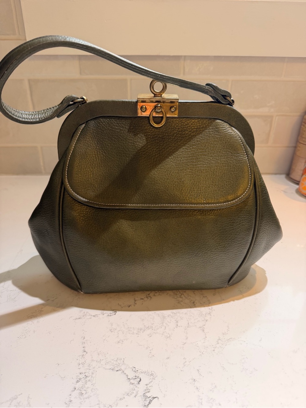 Vintage 1960s Olive Green Pebbled Leather Handbag | Gold Hardware